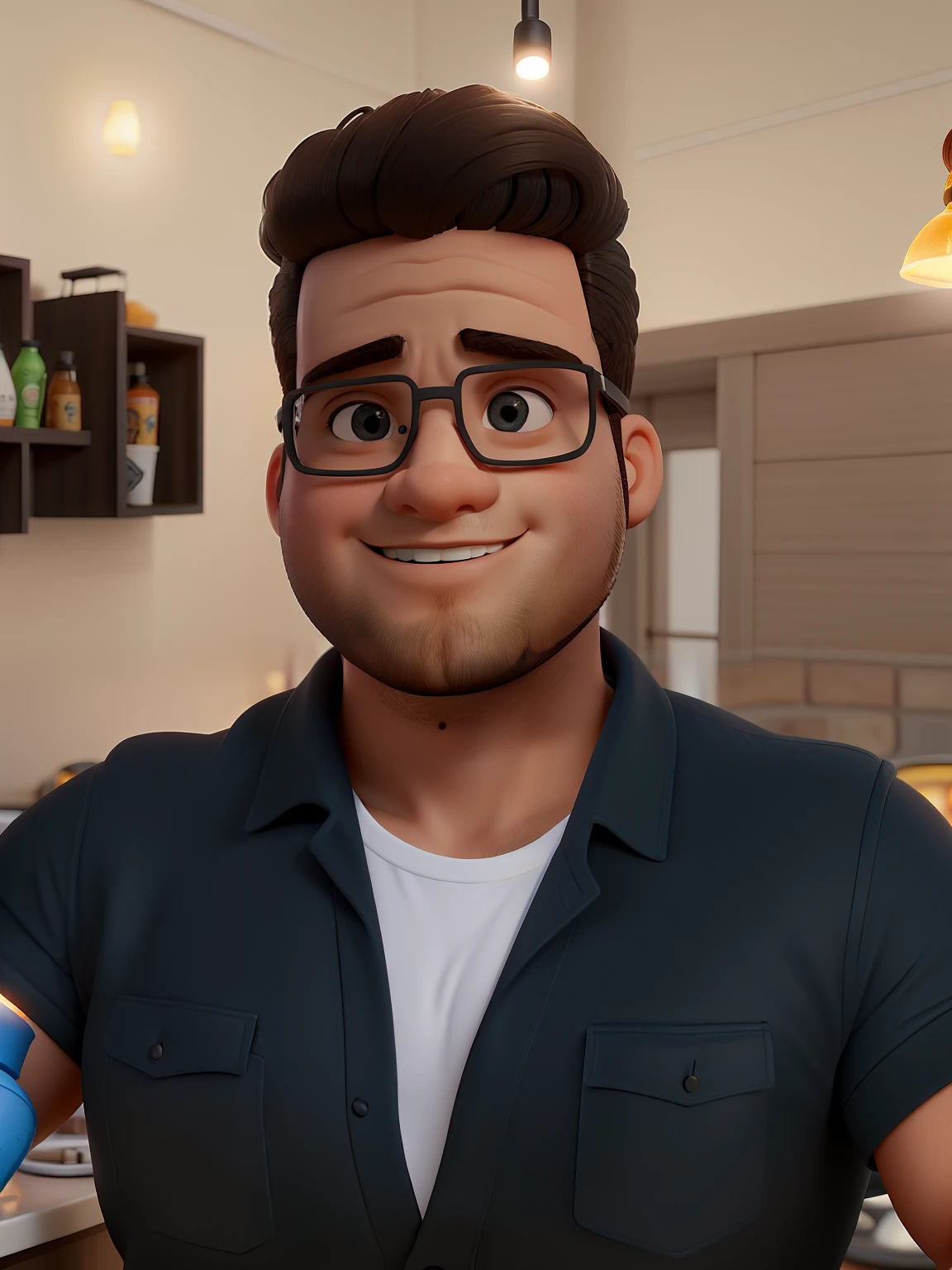 Um gordinho de cabelo cortado em volta de uma cadeira de barbeiroaltura de 1,70, illuminated by the light of a lamp, contra o pano de fundo de uma barbearia