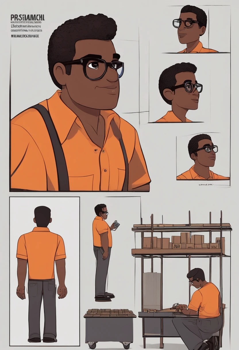 um homem negro com 1,83 metros de altura e cerca de 75 quilos. Estilo Disney Pixar, personagem animado 3d, His eyes are dark brown, Her hair is short with a flat top style, de cor preta, and his skin is a black shade closer to brown. Ele tem um rosto oval, medium lips, wears black square glasses and has no distinctive facial features, como sardas ou pintas. He's wearing an orange shirt with a blue collar and blue jeans. The facial expression is serious.
Ademais, He's standing inside a construction market box, Holding a barcode scanner. The box contains building materials and tools, criando um ambiente industrial e de trabalho. The bottom consists of shelves with construction products