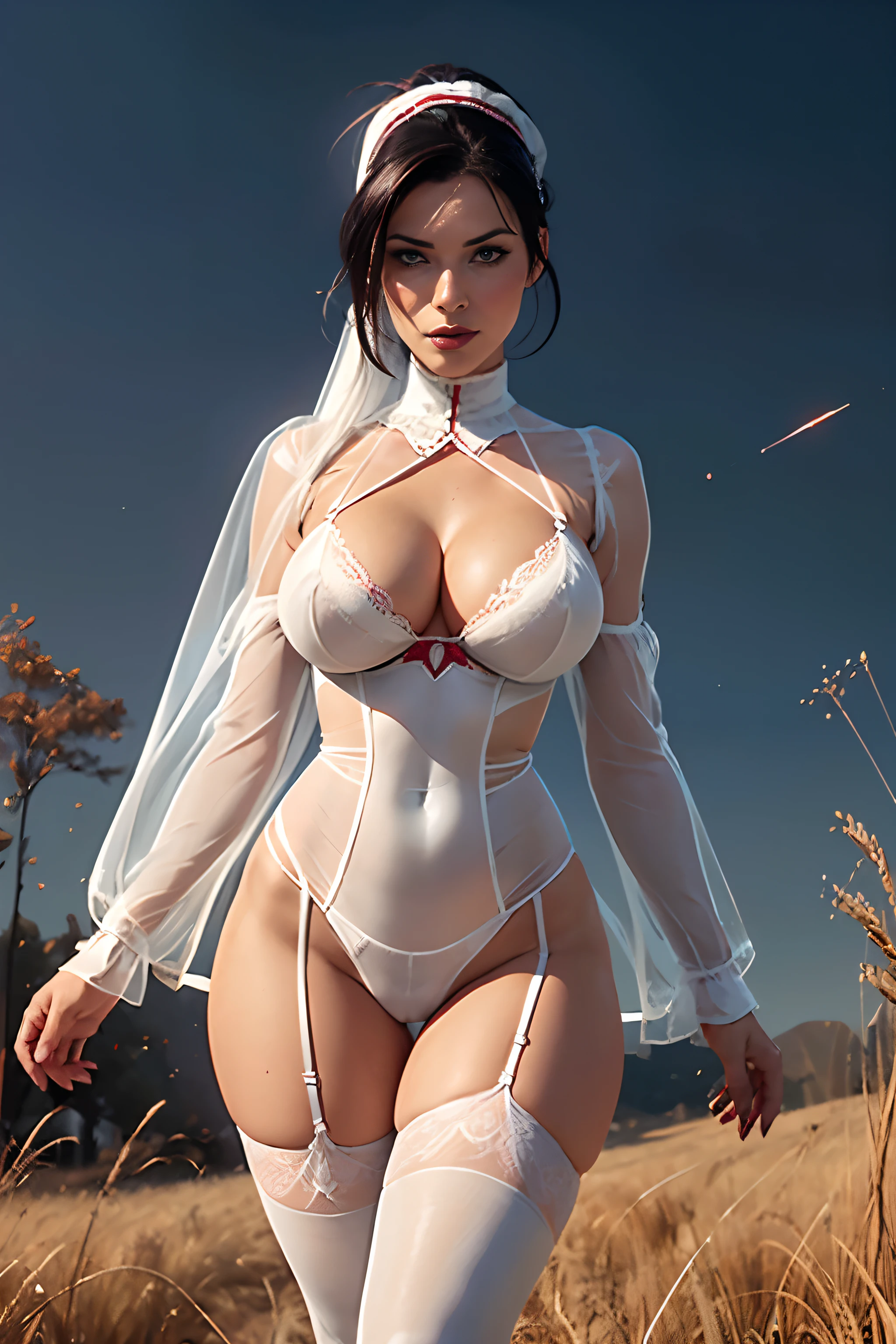 (((Sabine Agramidt))) (((wearing white-red see-through lingerie))) , (((cutout cleavage))), lace lingerie, hourglass figure, (white thigh-high stockings), cleavage, big breasts, ((black sleek hair)),  (((high ponytail))), (folklore embroidery), folklore style, wheat field background, volumetric light,  (full body shot),  particles,  realistic,