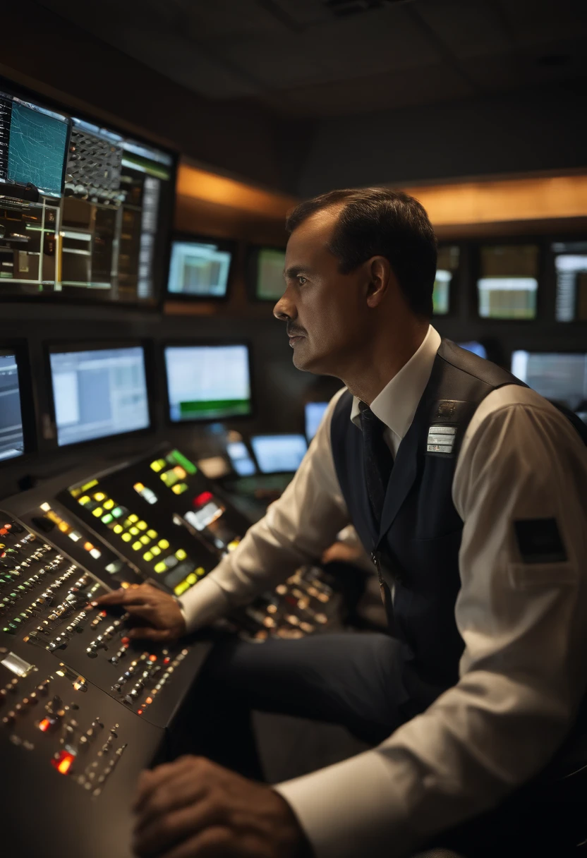 best quality,ultra-detailed,realistic (traffic controller:1.1),intelligent man,airplane control room,concentrated expression,professional,high-res displays,[calm and focused],[radio communication],dark background,stressful atmosphere,studio lighting,sharp focus,vivid colors,sophisticated technology,bokeh,modern setting,under pressure,precision,urgent commands,quick decision-making,important responsibility,intense concentration,flashing lights,fast-paced environment,technical expertise,complex procedures,efficient multitasking,smooth operations,crucial decisions,seamless coordination,