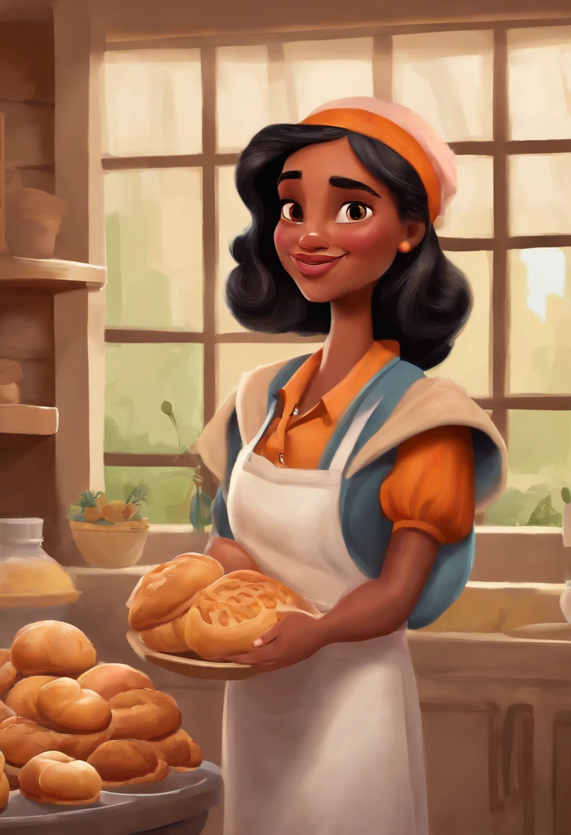 Create a Disney Pixar Poster. Uma mulher chef de cozinha. Esta mulher tem cabelos cor castanho escuro, cabelos na altura do ombro, Is smiling happily, olhos castanhos, olhos pequenos. Ela usa brincos pequenos. She's making bread in a bakery. In the confectionery there are some pink flowers.
