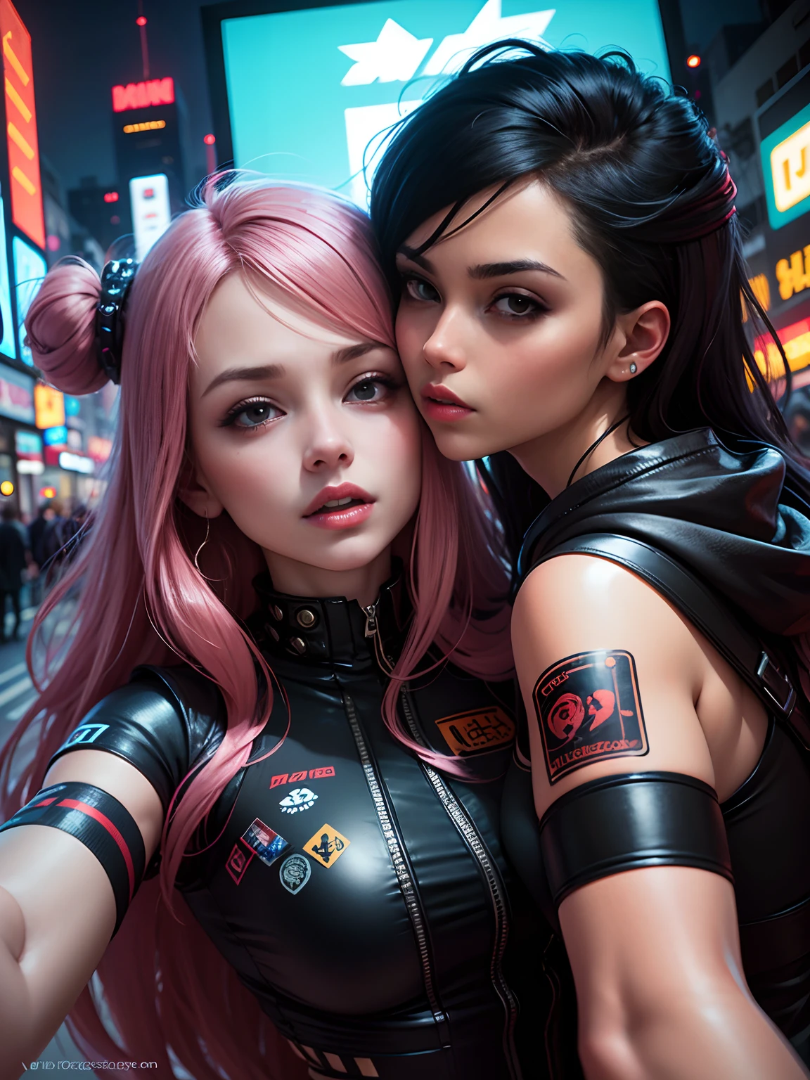 masterpiece, best quality, 2 ((kissing)) cyberpunk girls standing together taking selfie portrait, Harajuku-inspired cyberpunk clothing, bold colors and patterns, eye-catching accessories, trendy and innovative hairstyle, dazzling Cyberpunk cityscape, skyscrapers, glowing neon signs, LED lights, anime illustration, detailed skin texture, detailed cloth texture, beautiful detailed face, intricate details, ultra detailed, cinematic lighting, strong contrast.