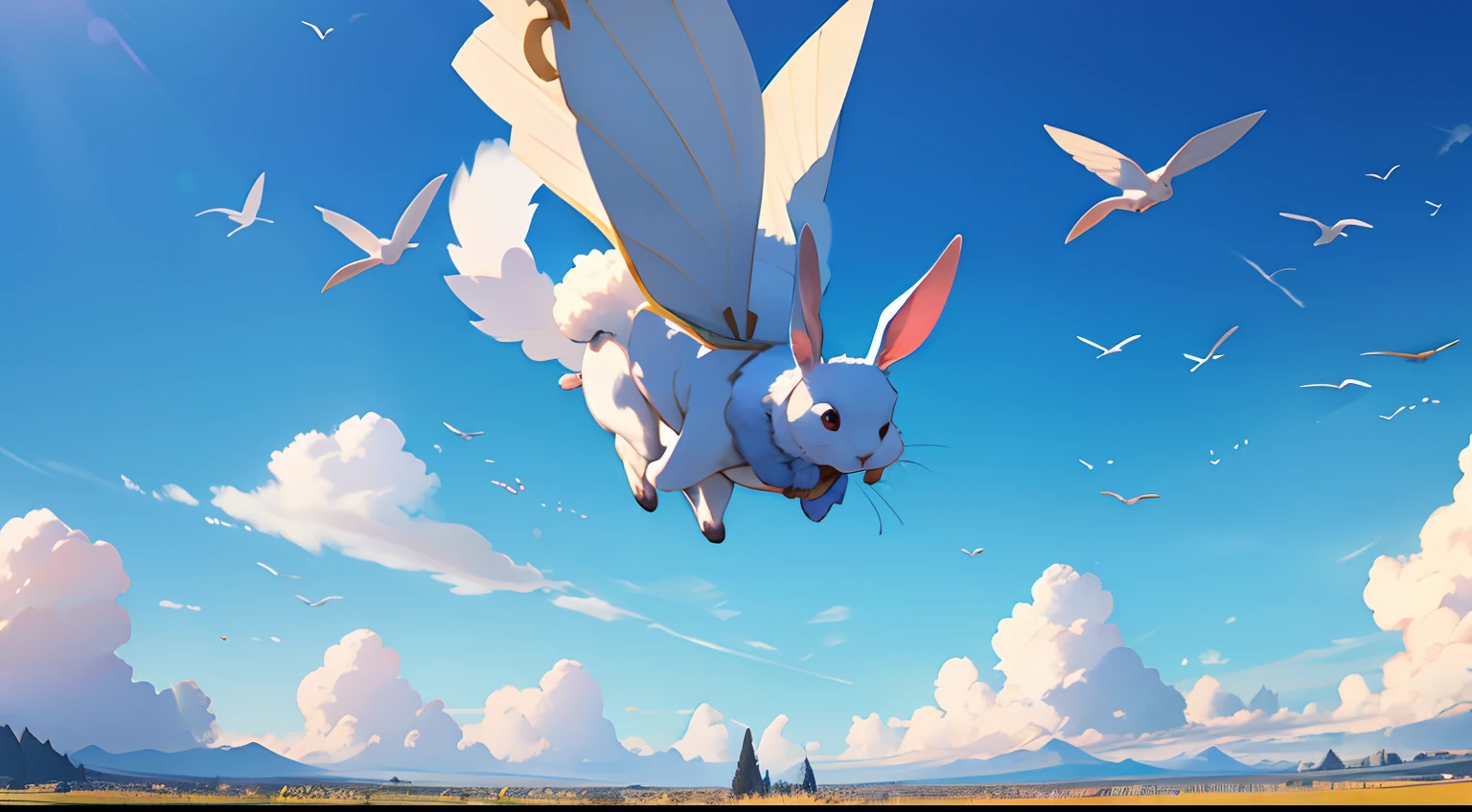 (best quality,highres),blue sky,flying rabbits,wallpaper