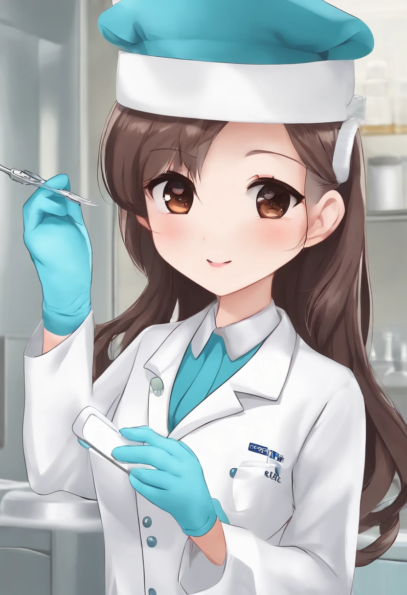 a matural female、Sadistic atmosphere、Brown hair、poneyTail、Dental Hygienist、Medical Clothing、((White the、Collared nurseswear、Long length、puff sleeves、doress))、 ((Medical apron))、((latex glove)) 、((maior、surgical mask、Cover up to the nose)) ((Dental Clinic Background))、With keen eyes, 26 year old, Best Quality, masutepiece、Dental Clinic Theme,dominant、harsh eyes、Dental Clinic Background、​masterpiece、top-quality、Dental chair、Oral surgery、Dental Instruments