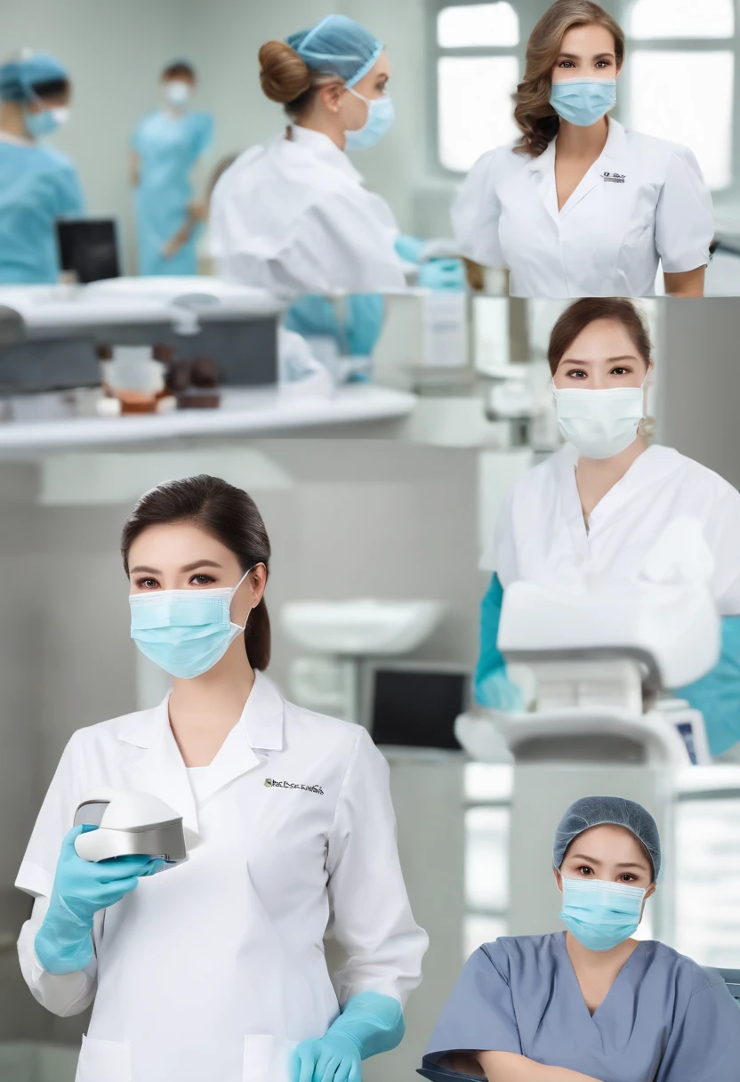 a matural female、Sadistic atmosphere、Brown hair、poneyTail、Dental Hygienist、Medical Clothing、((White the、Collared nurseswear、Long length、puff sleeves、doress))、 ((Medical apron))、((latex glove)) 、((maior、surgical mask、Cover up to the nose)) ((Dental Clinic Background))、With keen eyes, 26 year old, Best Quality, masutepiece、Dental Clinic Theme,dominant、harsh eyes、Dental Clinic Background、masterpiece、top-quality、Dental chair、Oral surgery、Dental Instruments