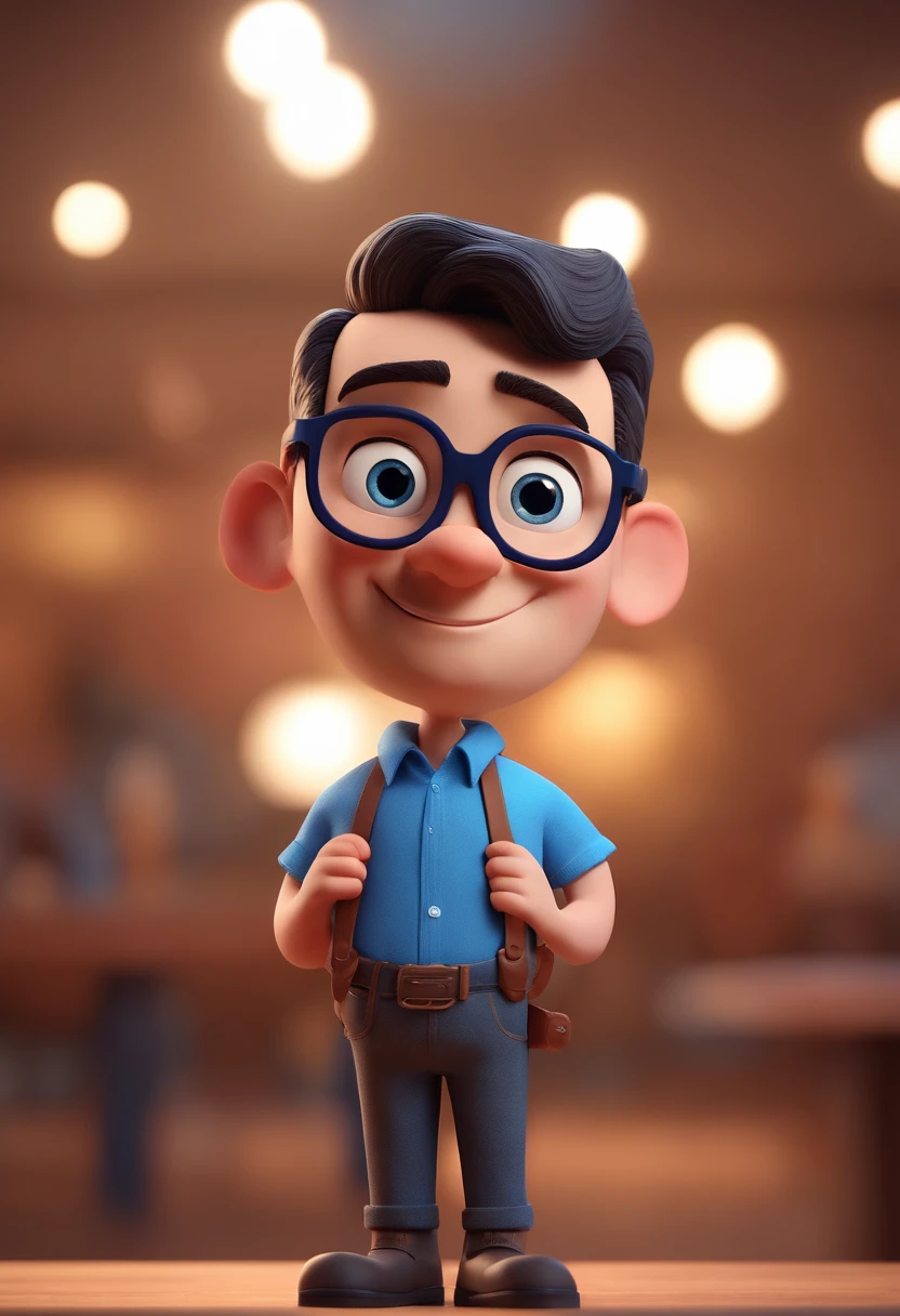 Cartoon character of a man with black glasses and a blue shirt, animation character, Caractere estilizado, animation style rendering, 3D estilizado, Arnold Maya render, 3 d render stylized, toon render keyshot, Personagem 3D, Personagem 3D, 3d rendering stylized, 3 d character render, personagem de desenho animado, Personagem de close up, Pose de personagem,  (Estilo Pixar) (master part:1.2) (Bokeh) (best quality) (pele detalhada) (textura detalhada) (8k) (argila) (Cinematic lighting) (foco nítido