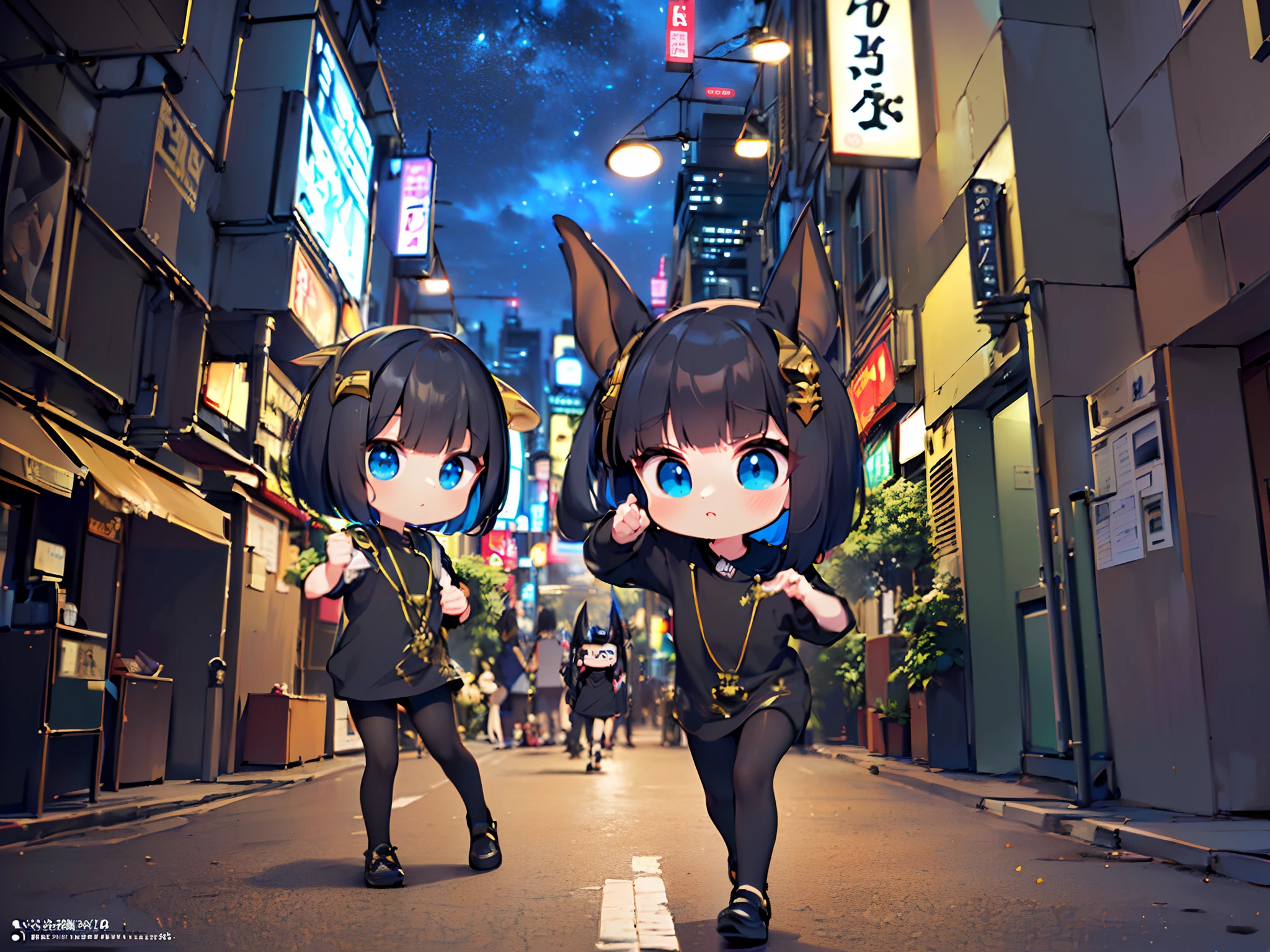 ((Chibi Chara:1.3),  full body Esbian,(Colorful:1.2), (Highly detailed CG Unity 16K wallpaper:1.1), (Denoising strength: 1.45), (tmasterpiece:1.37), ((Official art)), of the highest quality, (Realistic), Male child, (Short-cut hair:1.2),(Anubis Costume:1.5),Black hair,Glowing eyes,(blue eyess:1.2),((Poses in motion:1.4)),((Anubis Costume:1.3)),wires, (LED:1.3), (a hologram:1.2), futuristic city street, Neon light, Skyscrapers, (Night:1.2), (Rainbow Model:1.2), 8K resolution, (Anime style:1.3), Cinematic lighting, chromatic abberation, spark of light, Ray tracing, blending, ultra wide-angle, Hasselblad, (masutepiece), ((Best Quality)), ((masutepiece)), nffsw
