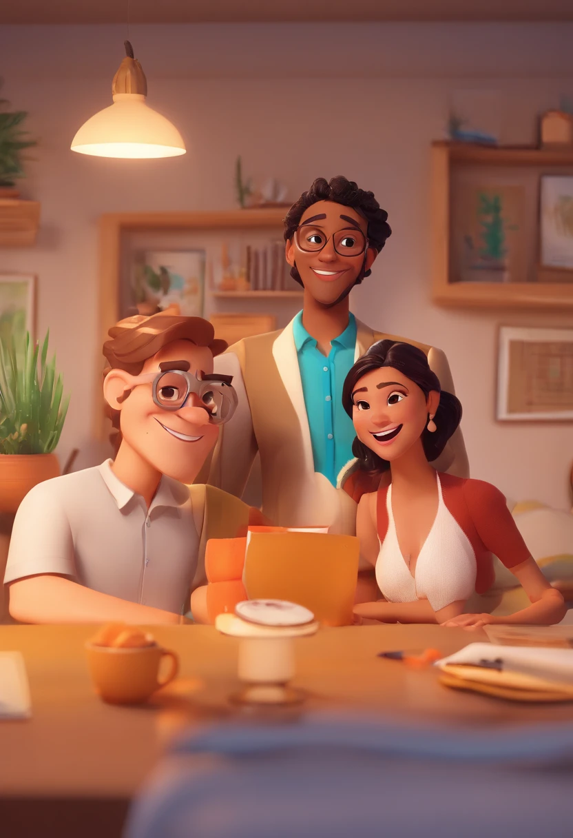 An illustration of an adorable couple, Highlight for a chubby mulatto man with smiling glasses and a brunette woman with beautiful expressive eyes - the man's skin is mulatto and the man's hair has, while the woman's skin is black and the woman's hair is straight and brown. They are a bright room, cada um com um sorriso no rosto, e compartilhar um momento especial caracterizado pelo amor, Insights. Illustrate this scene from a perspective where they are facing the camera, Smiling and Showing Your Connection. Desenvolva esta arte em Full HD, Focus on your cinematic touch, Estilo Disney Pixar Animations