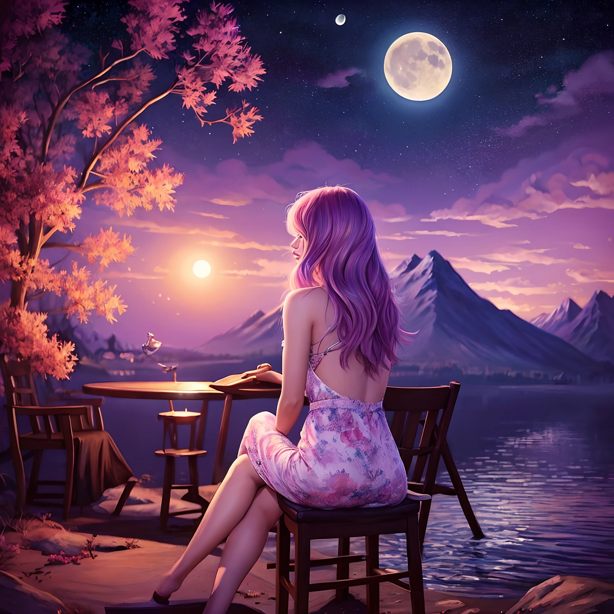 An artistic painting depicting a woman sitting on a chair in a beautiful and stunning place at night. Her hair is short and tends to be pinkish-purple, and her hair color is close to that. The moon appears in the sky. The woman has a beautiful tattoo on her back, which adds a unique touch to her personality and to the scene in general.”