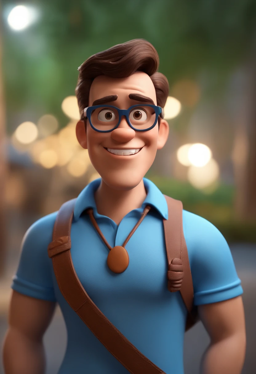 Cartoon character of a man wearing black glasses and a blue shirt, um personagem animado, Caractere estilizado, animation style rendering, 3D estilizado, Arnold Maya render, 3 d render stylized, toon render keyshot, Personagem 3D, Personagem 3D, 3d rendering stylized, 3 d character render, personagem de desenho animado, Personagem de close up, Pose de personagem, (Estilo Pixar) (master part:1.2) (Bokeh) (best quality) (pele detalhada) (textura detalhada) (8k) (argila) (Cinematic lighting) (foco nítido,Senta e vaza a parte superior do corpo