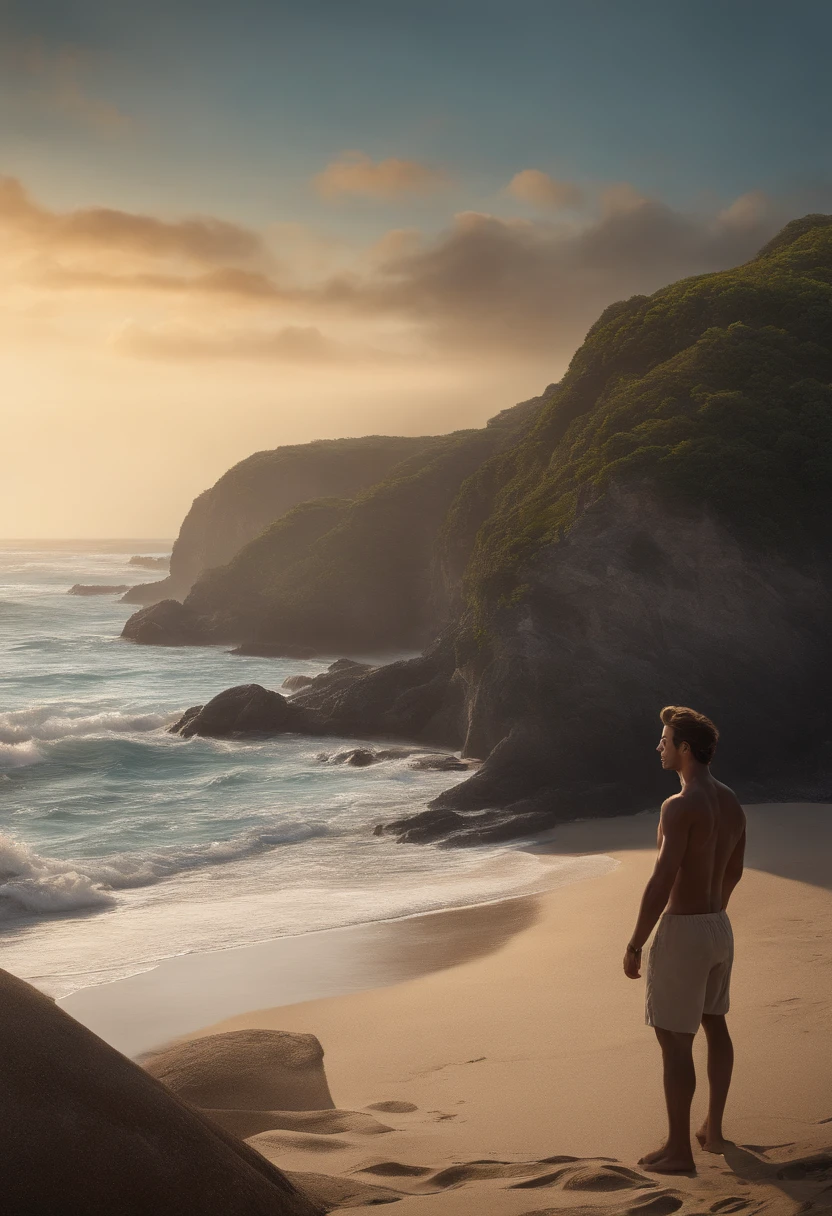 (extremely detailed and high-quality illustration),(Better lighting and shadow effects, ultra-realistic), Praia, homem jovem com um tom de pele de trigo e cabelo branco claro curto, Looking at the ocean with a thoughtful expression,Muscle