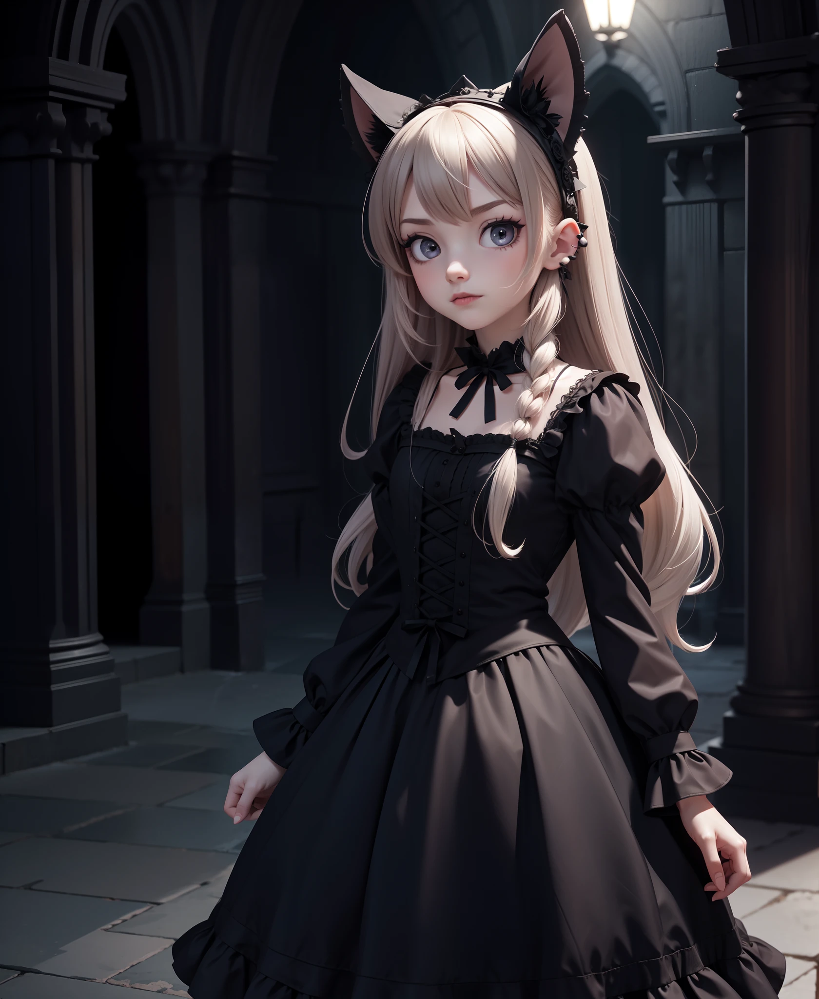 Gothic Lolita, long hair, Dress with skirt, 8k, Dark atmosphere, Gothic castle study, with brake ears, masle ve vlasech