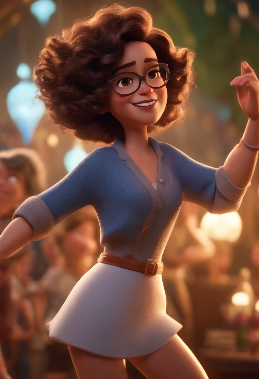 Pixar style image with 3D character white glasses brunette woman short curly hair dancing, Maquiagem Disney,Pescador, bonitinho, sorridente ,Close-up, Pixar, Disney, Cinema lighting,