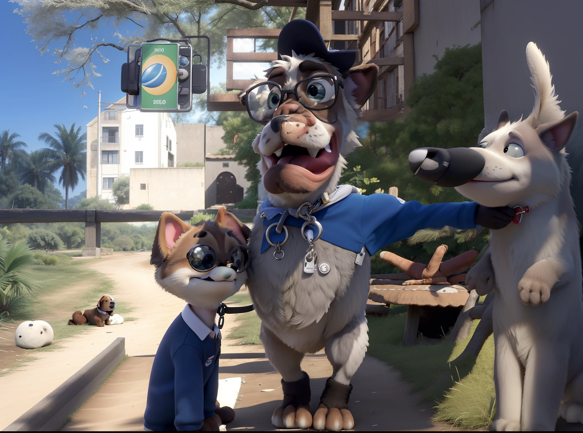 There are two people next to a dog on a leash, muito surreal, imagem de qualidade muito baixa, foto de baixa qualidade, muito bobo olhando, non blurry, with a big head, 20 anos, 2 0 I, 2 5 I, taken in the early 2020s, 3 6 0 imagem, vacation photo, em um dia ensolarado