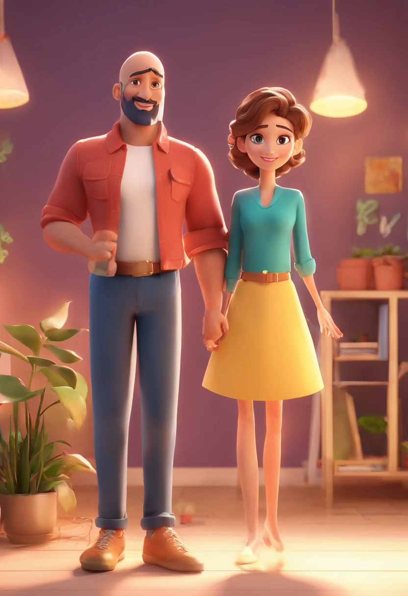An illustration of an adorable couple, Destacando um homem e uma mulher com beleza, Expressive eyes – the man's hair is bald and brown and he has a full beard, While the woman's hair is tied up in a bun and blonde. They are a bright space, Todos com um sorriso no rosto, e compartilhe um momento especial, That is marked by love, viagem, and pedagogical insights. Ilustre esta cena a partir de uma perspectiva, where they're facing away from the camera, Show Your Connection. Desenvolva esta arte em Full HD, Focus on your cinematic touch, Estilo Disney Pixar Animations