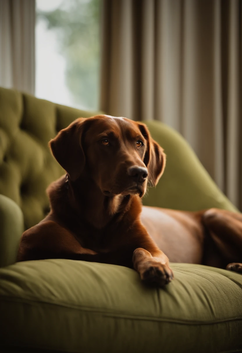 pThere's a dog that's lying on a couch, muito bonito, extremamente bonito, sitting on couch, maximus jacobs, olhando para a sua esquerda, um bonito, menina bonita, sitting on the couch, olhando de lado!, usando gola de couro detalhada, orgulhoso olhando para longe, Anos, pimenta, sitting on couch, Looking towards the camera, (((oxidado)))