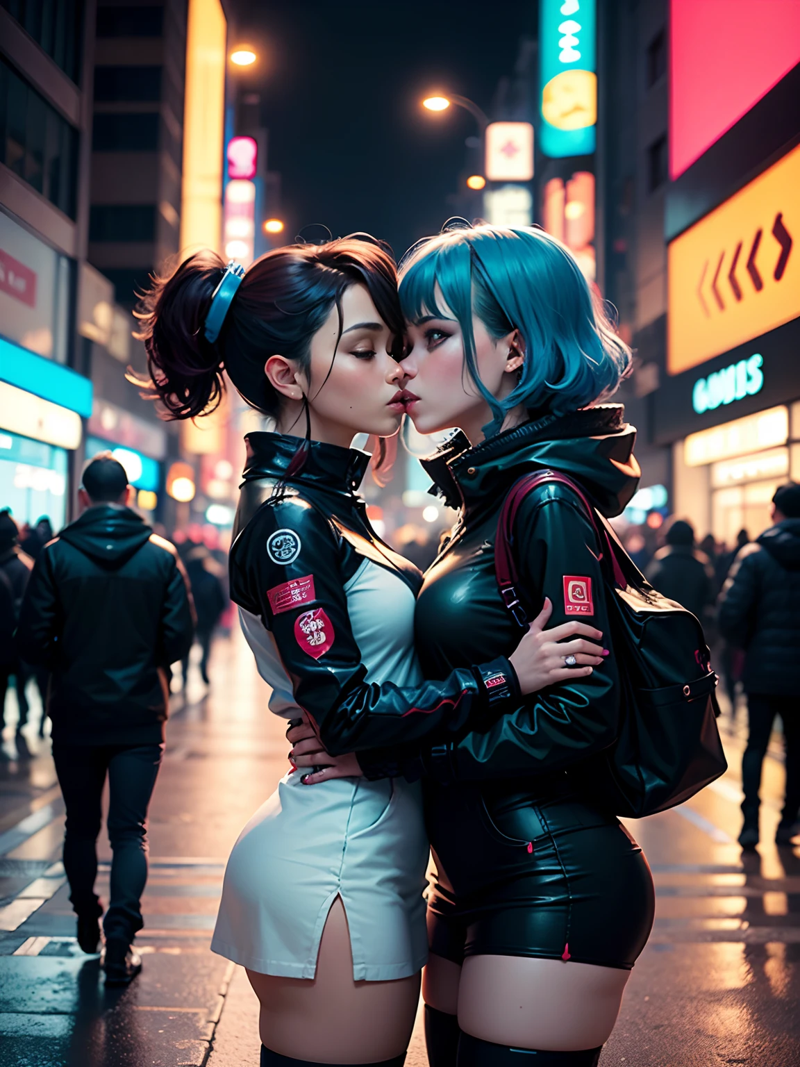 masterpiece, best quality, 2 ((kissing)) cyberpunk girls standing together taking selfie portrait, Harajuku-inspired cyberpunk clothing, bold colors and patterns, eye-catching accessories, trendy and innovative hairstyle, dazzling Cyberpunk cityscape, skyscrapers, glowing neon signs, LED lights, anime illustration, detailed skin texture, detailed cloth texture, beautiful detailed face, intricate details, ultra detailed, cinematic lighting, strong contrast.