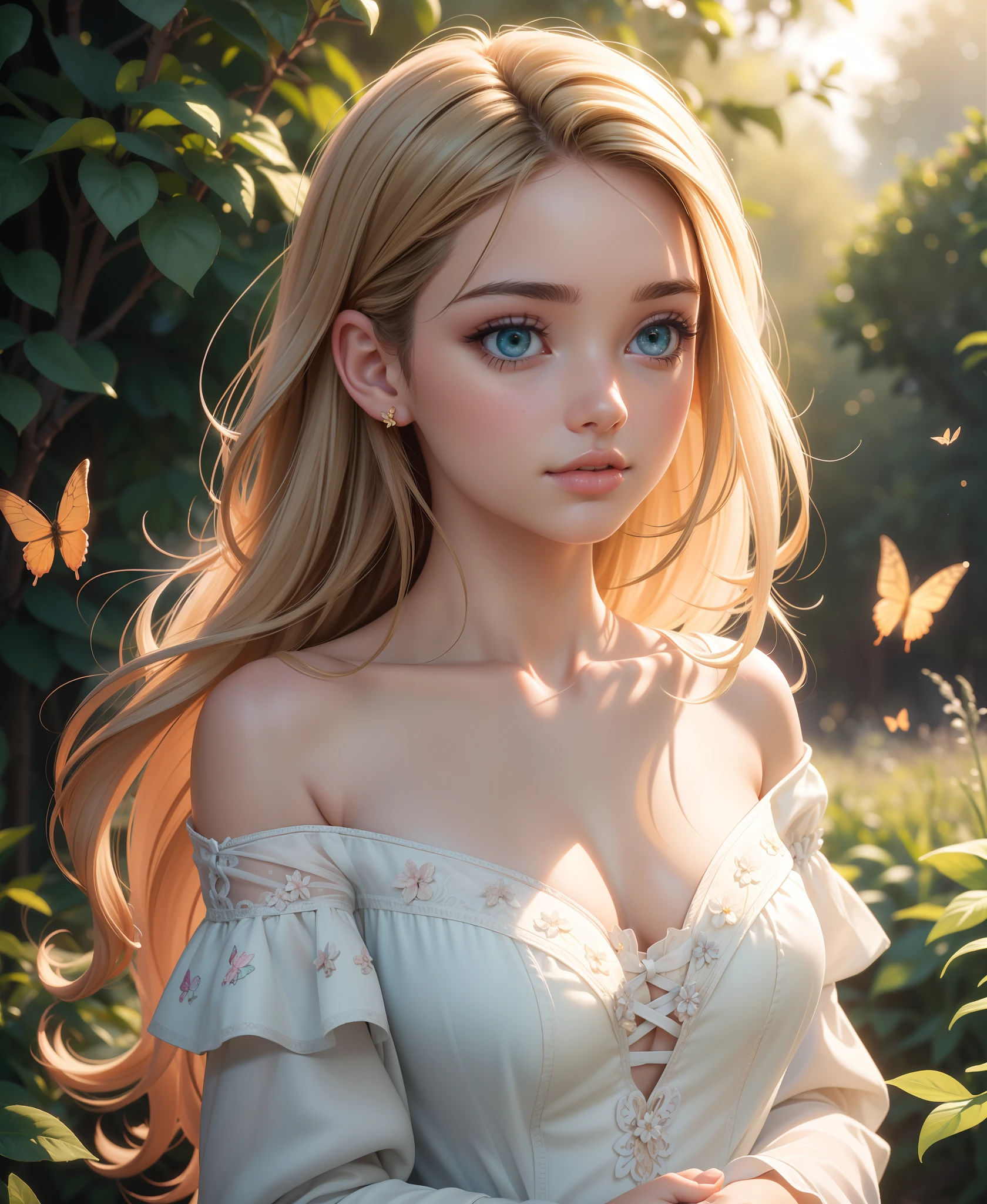 (best quality,masterpiece:1.2),ultra-high res,(photorealistic:1.4),raw photo,1girl,off shoulder,cinematic lighting,beautiful detailed eyes,beautiful detailed lips,extremely detailed eyes and face,long eyelashes,illustration,bokeh effect,vivid colors,soft and warm color tone,soft natural light,green garden background,gentle breeze,slightly blurred foreground foliage,relaxed and dreamy atmosphere,subtle warm sunlight,soft flowing hair,faint scent of flowers in the air,butterflies dancing around the girl's figure,breathtaking artwork,pure enchantment.