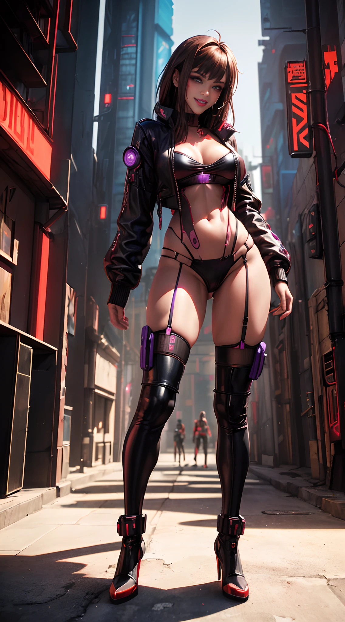 (masterpiece), (3d style), ((cyberpunk  30 years old young girl)), brown hair, brown eyes, (beautiful smile), ((violet lips)), (sexy pose), (full body), ((red and black cyberpunk suite)), (sexy black color lingerie), ((futuristic foreground)), (daylight)