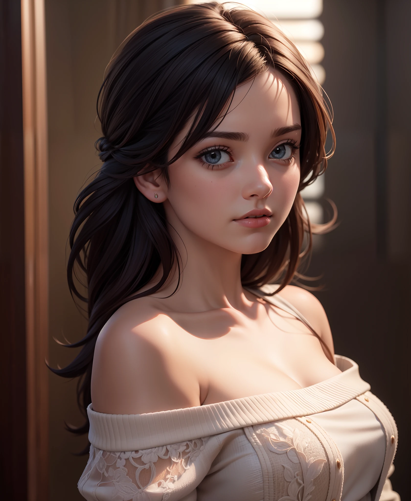 Best quality, masterpiece, ultra high res, (photorealistic:1.4), raw photo, 1girl, off shoulder, cinematic lighting