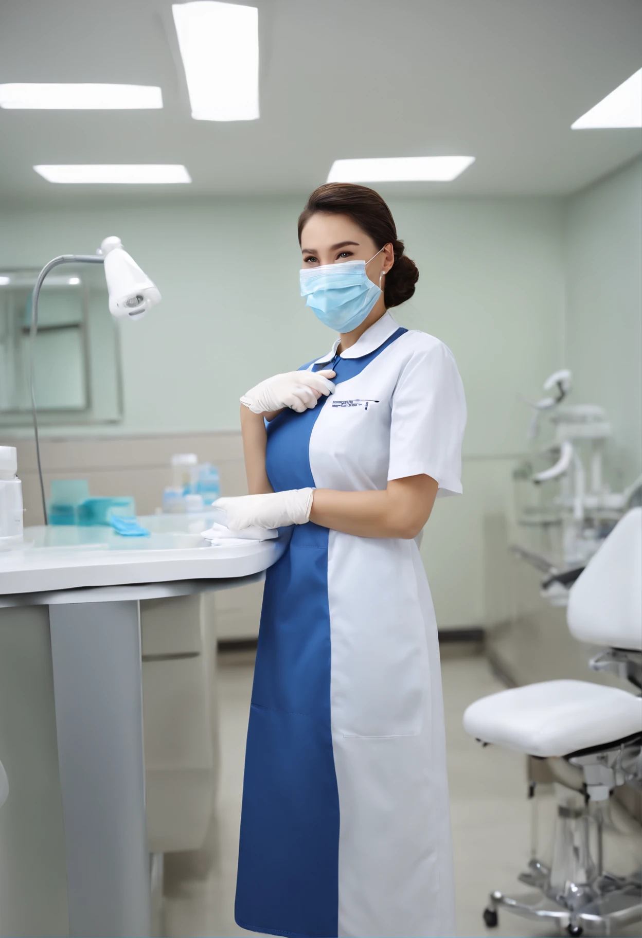 a matural female、Sadistic atmosphere、Brown hair、poneyTail、Dental Hygienist、Medical Clothing、((White the、Collared nurseswear、Long length、puff sleeves、doress))、 ((Medical apron))、((latex glove)) 、((maior、surgical mask、Cover up to the nose)) ((Dental Clinic Background))、With keen eyes, 26 year old, Best Quality, masutepiece、Dental Clinic Theme,dominant、harsh eyes、Dental Clinic Background、​masterpiece、top-quality、Dental chair、Oral surgery、Dental Instruments