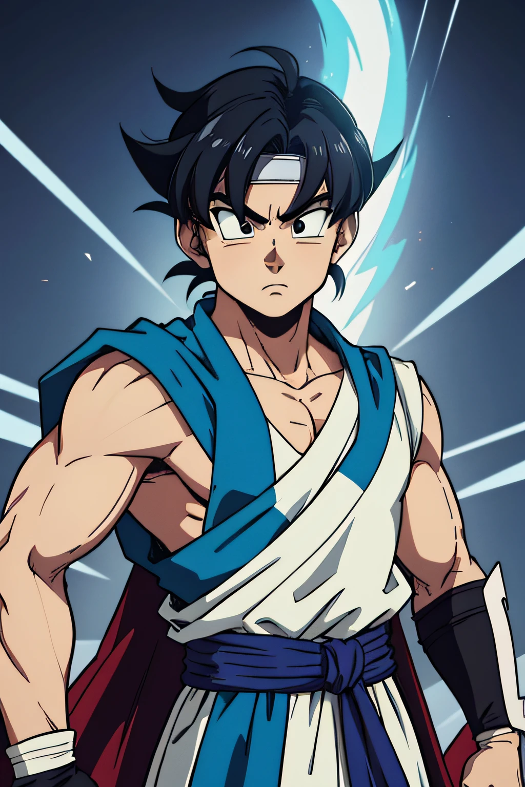 A young prince with a blue sash tied around his head, com uma armadura de simples de guerreiro iniciante, personagem estilo anime, como um personagem de anime, estilo anime masculino, personagem de anime, inspirado em Dragon Ball, arte de Akira Toryama