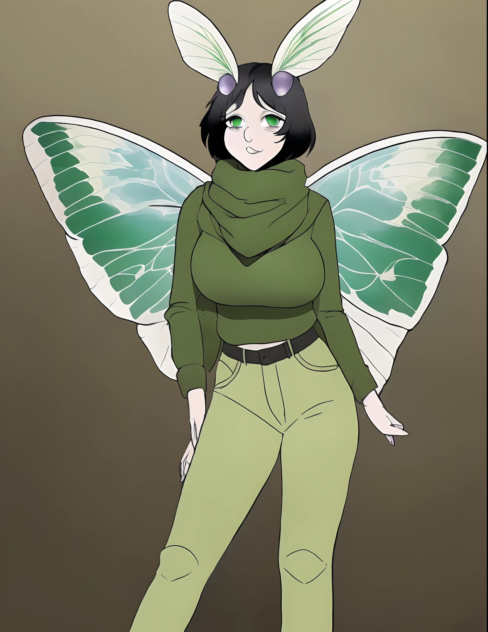 Moth girl with big wings, wearing a turtle neck sweater and denim jeans, green eyes, brown moth wings, big boobs, fuzzy antenna, standing, brown sweater, moth antennae