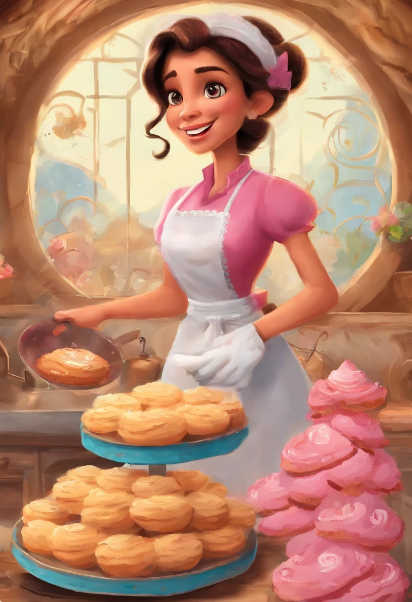 Create a Disney Pixar Poster. Uma mulher chef de cozinha. Esta mulher tem cabelos cor castanho escuro, cabelos na altura do ombro, Is smiling happily, olhos castanhos, olhos pequenos. Ela usa brincos pequenos. She's making bread in a bakery. In the confectionery there are some pink flowers.