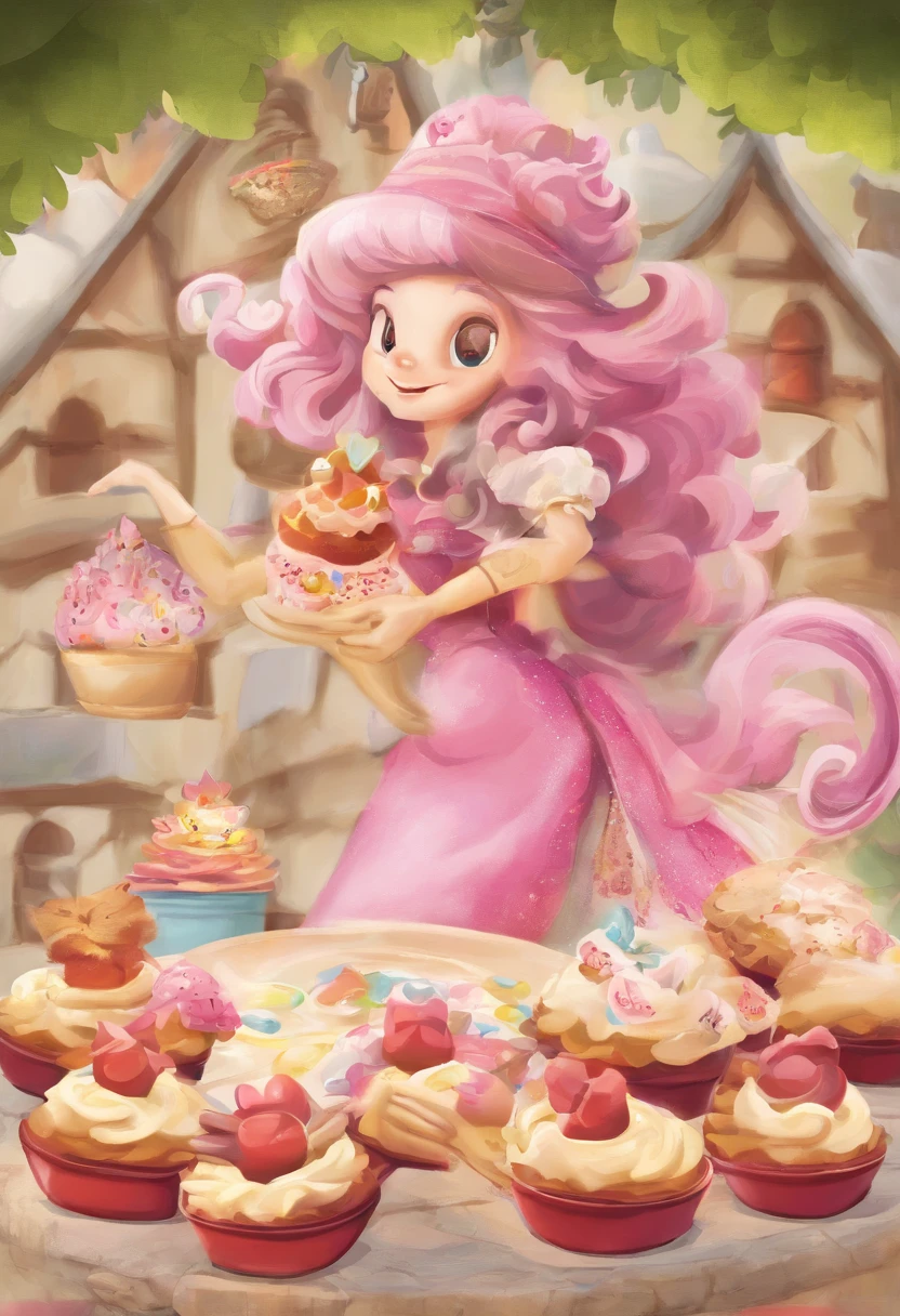 Create a Disney Pixar Poster. Uma mulher chef de cozinha. Esta mulher tem cabelos cor castanho escuro, cabelos na altura do ombro, Is smiling happily, olhos castanhos, olhos pequenos. Ela usa brincos pequenos. She's making bread in a bakery. In the confectionery there are some pink flowers.