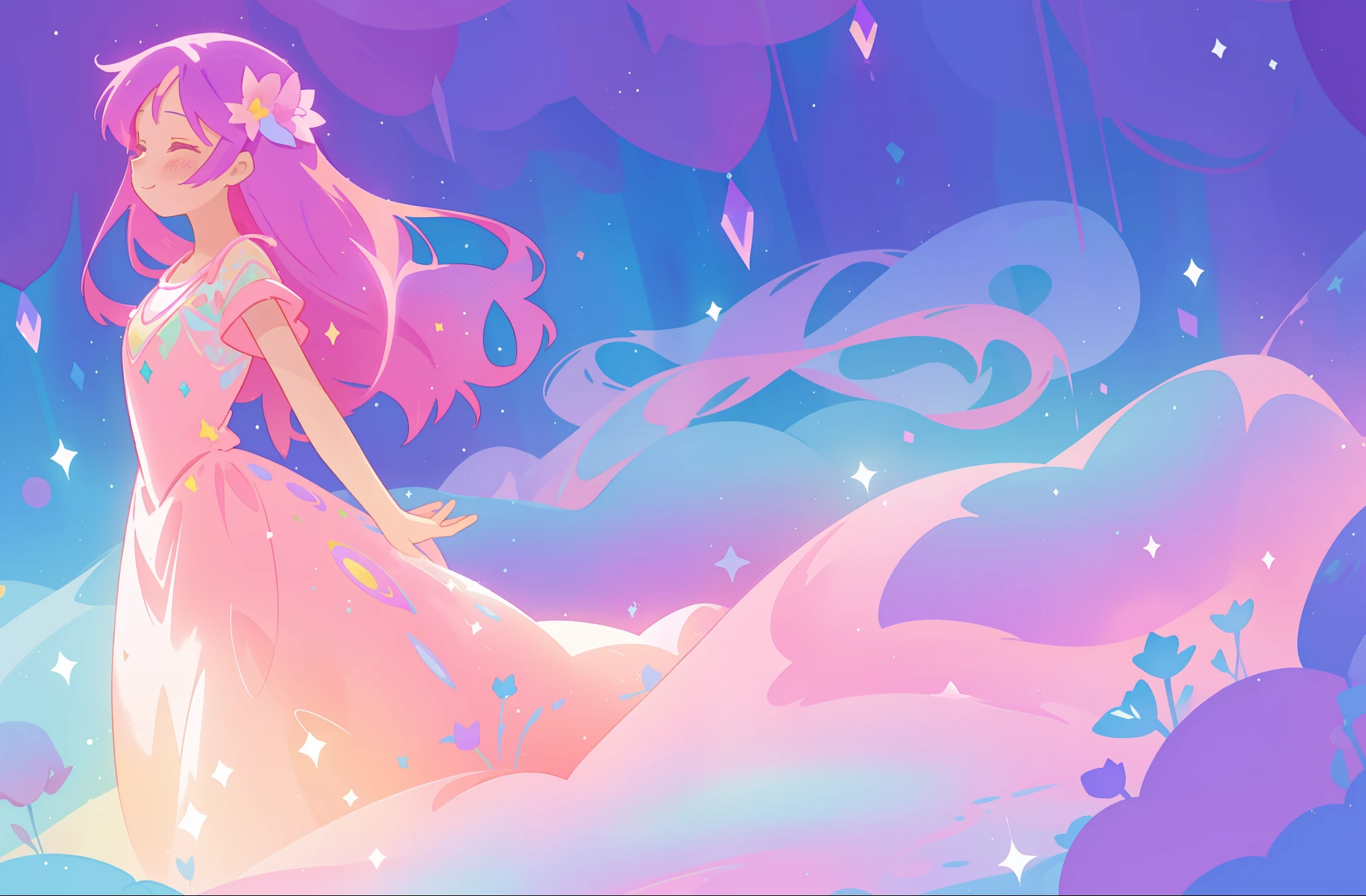 beautiful girl in colorful sparkling flowing ballgown, long flowing purple pink hair, colorful sparkling lights, flowing liquid theme, colorful fantasia background, watercolor illustration, disney art style, glowing aura around her, glowing lights, beautiful digital illustration, fantasia otherworldly landscape plants flowers, beautiful, masterpiece, best quality, anime disney style