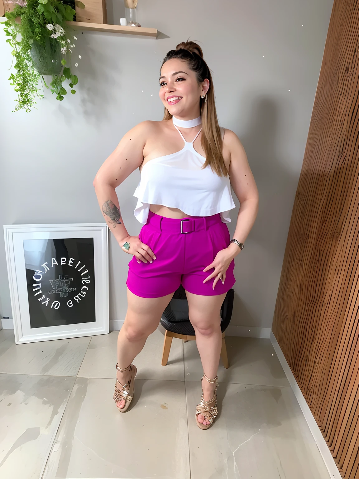 uma mulher de top branco e bermuda roxa posando para uma foto, Titular Top, Shorts to the Red in Geral, olhar bonito, Directed by: Nandor Soldier, topo de cabresto roxo, baixa estatura, dress with a tank top and short outfits, Titular Top, Short to Purple Baggy General, Short wing, curto, sexy :8, andrea rocha, Topo de colheita, tamanho curto