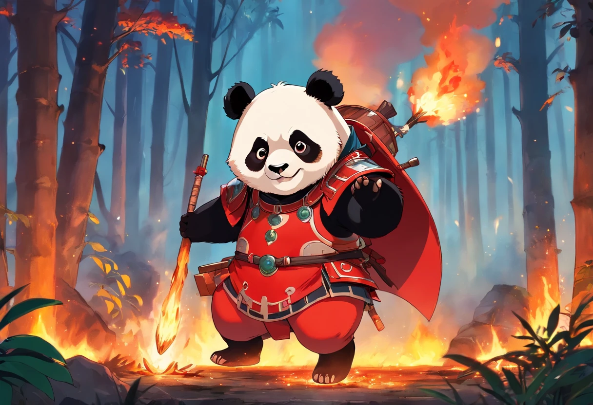 A panda，Wearing red armor，Against the backdrop of raging forest fires，eating barbecue，The light of the fire should shine on the clothes，Brilliant clouds overhead。The surroundings are dim and gloomy。
