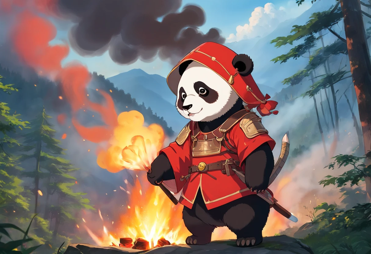 A panda，Wearing red armor，Against the backdrop of raging forest fires，eating barbecue，The light of the fire should shine on the clothes，Brilliant clouds overhead。The surroundings are dim and gloomy。