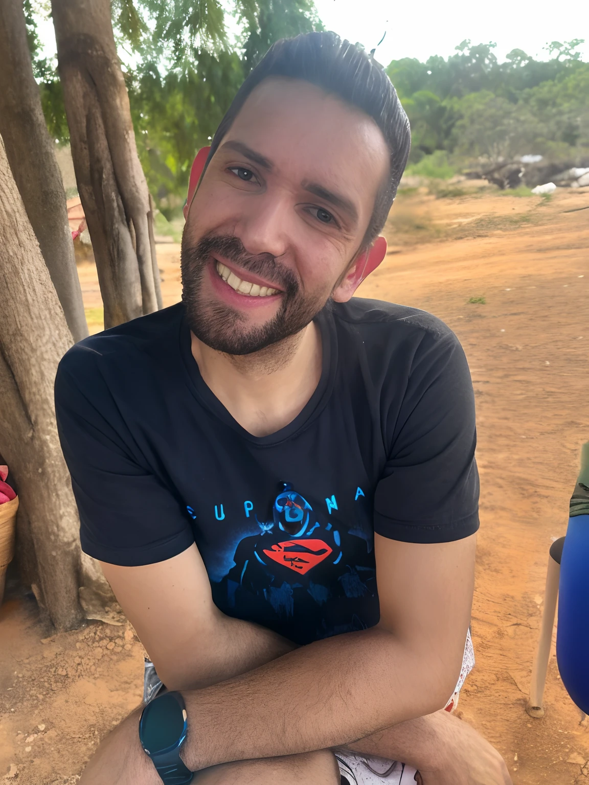 Smiling man sitting on a bench with a bottle of water, edu souza, icaro carvalho, imagem do avatar, inspirado em Nathan Oliveira, com montanhas ao fundo, david rios ferreira, com montanhas no fundo, caio santos, Miguel Iglesias, Paulo Carrick, Juanjo Guarnido, Jovem espanhol, Duncan Fegredo, José Moncada