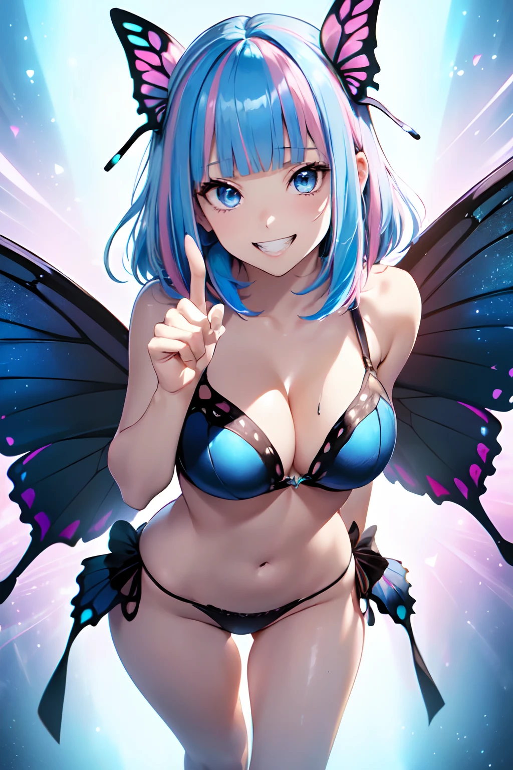 Illustration of a cute bikini model girl, (Anime style:1.2), masutepiece, Best Quality, ultra-detailliert, 4K, absurderes, hight resolution,(((masutepiece, Best Quality)))((masutepiece:1.5)), (Best High Quality, 超A high resolution, The ultra -The high-definition, 4K:1.3),(((Perfect hands, Perfect fingers, Perfect legs))),1womanl, Looking at Viewer ,Full body shot, 20 years old, ((Light blue eyes)),((Round eyes)), Sweat, White skin, (((skinny))), Sweat,((Shiny body, Shiny skin,)), (((masutepiece, Best Quality)))((masutepiece:1.5)), (Best High Quality, 超A high resolution, The ultra -The high-definition, 4K:1.3), (((Blunt bangs:1.3))), (((Pink bob hair))), (((blue colored inner hair:1.3))),(((blue streaked hair:1.3))), ((Blue eyes)), ((White skin)),((((Shiny body, Shiny skin,)))), Dynamic Pose , fairy tail, (( Blue glowing eyes)), butterfly hair ornament, BREAK ,((Midnight)), panoramic shot , glowing butterflies, ((cleavage)), Bare shoulders,(Black Sexy Micro Bikini), The stomach is visible,simple background,((Butterfly wings)), ((fly, Flying:1.2)), Open mouth and laugh out loud, Lots of glowing butterflies, flying butterflies, Perfect legs,((intricate designs)) BREAK, (a closeup),Low position,((Show your teeth and smile:1.5)),(((Finger pointing:1.2)))