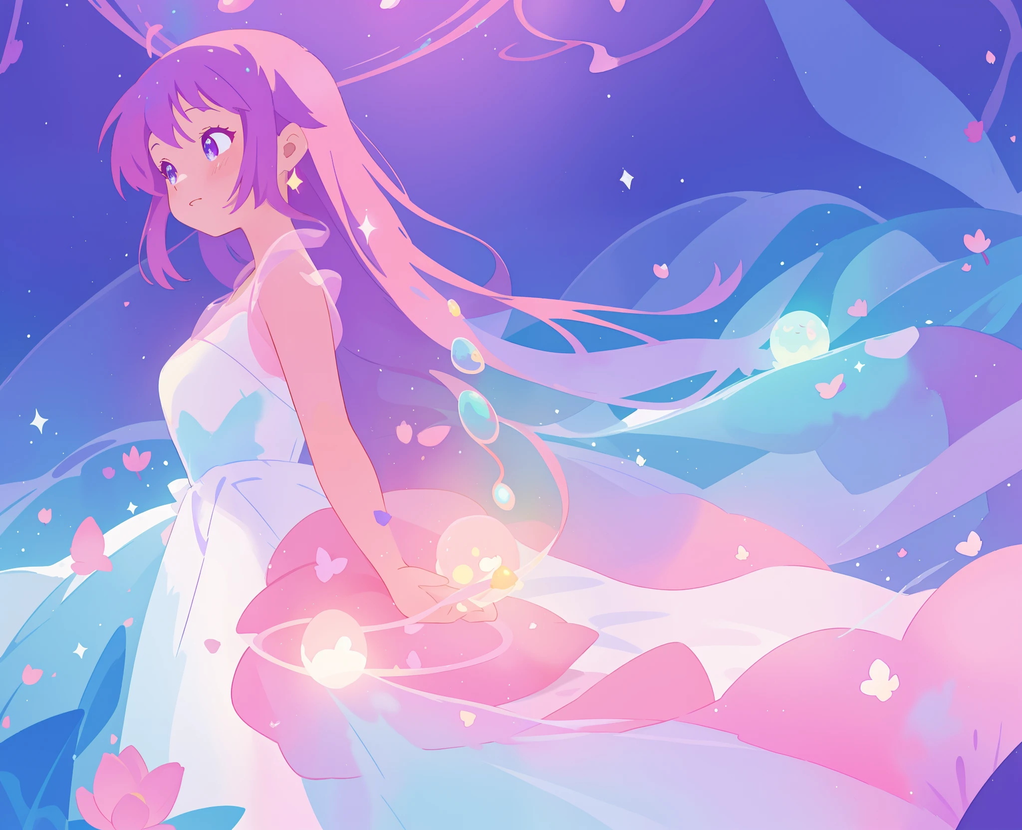 beautiful girl in colorful sparkling flowing ballgown, long flowing purple pink hair, colorful sparkling lights, flowing liquid theme, colorful fantasia background, watercolor illustration, disney art style, glowing aura around her, glowing lights, beautiful digital illustration, fantasia otherworldly landscape plants flowers, beautiful, masterpiece, best quality, anime disney style
