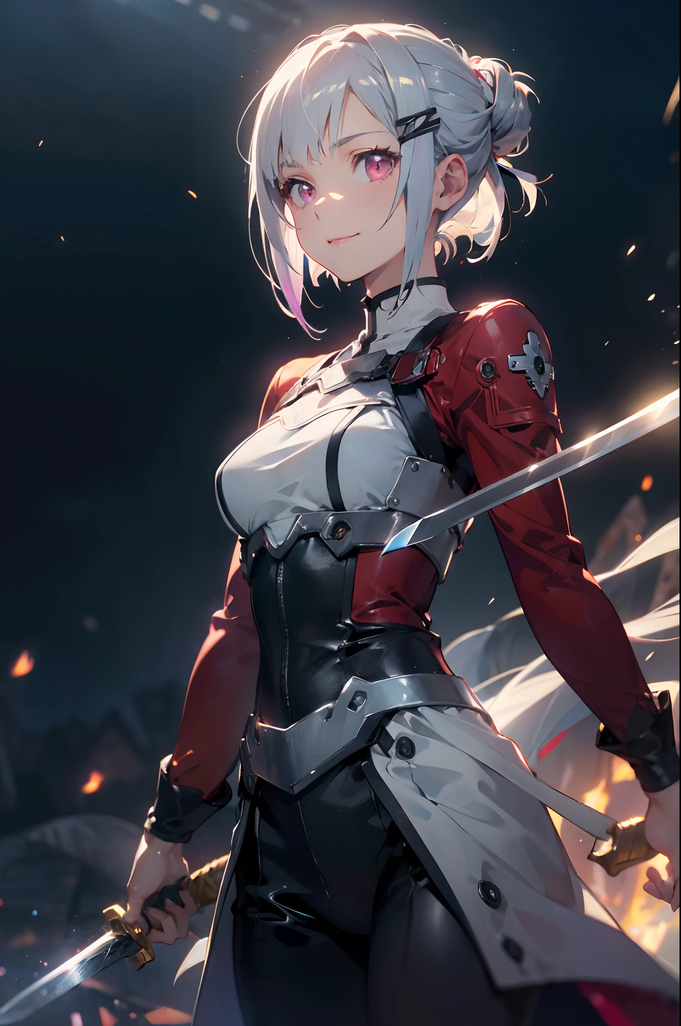 a 20 yo woman、Short hair with silver bob styled in a bun with hair clip, Pink eyes、small tits、Big smile、(hi-top fade:1.3)、dark themed、Muted Tones、Subdued Color、highly contrast、(natural skin textures、Hyper-Realism、Soft light、sharp)、With a longsword with two flames, White combat uniform, Sword Art Online Adaptation, Red strokes that simulate the speed of the character, Battle Mode, (Ultra-realistic), {extremely detailed 8k CG unit wallpaper}, Vast landscape photos, (A central view that prioritizes the entire character, (Wide Open Field View), (low angle shot), (Highlight: 1.5), (low illuminance: 1.0), (Warm light source: 1.0), intricate-detail, (Iridescent colors: 1.5), (Bright lighting), (Atmospheric lighting), Sword Art Online, Dreamy, Anime