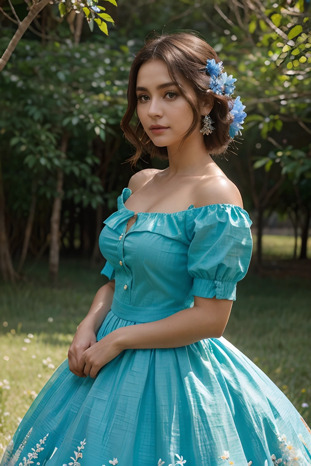 Uma mulher linda vestida decentemente com um vestido azul, 30 anos, cabelos loiros,       
cacheados e longos, imagem realista, em um campo de flores brancas
