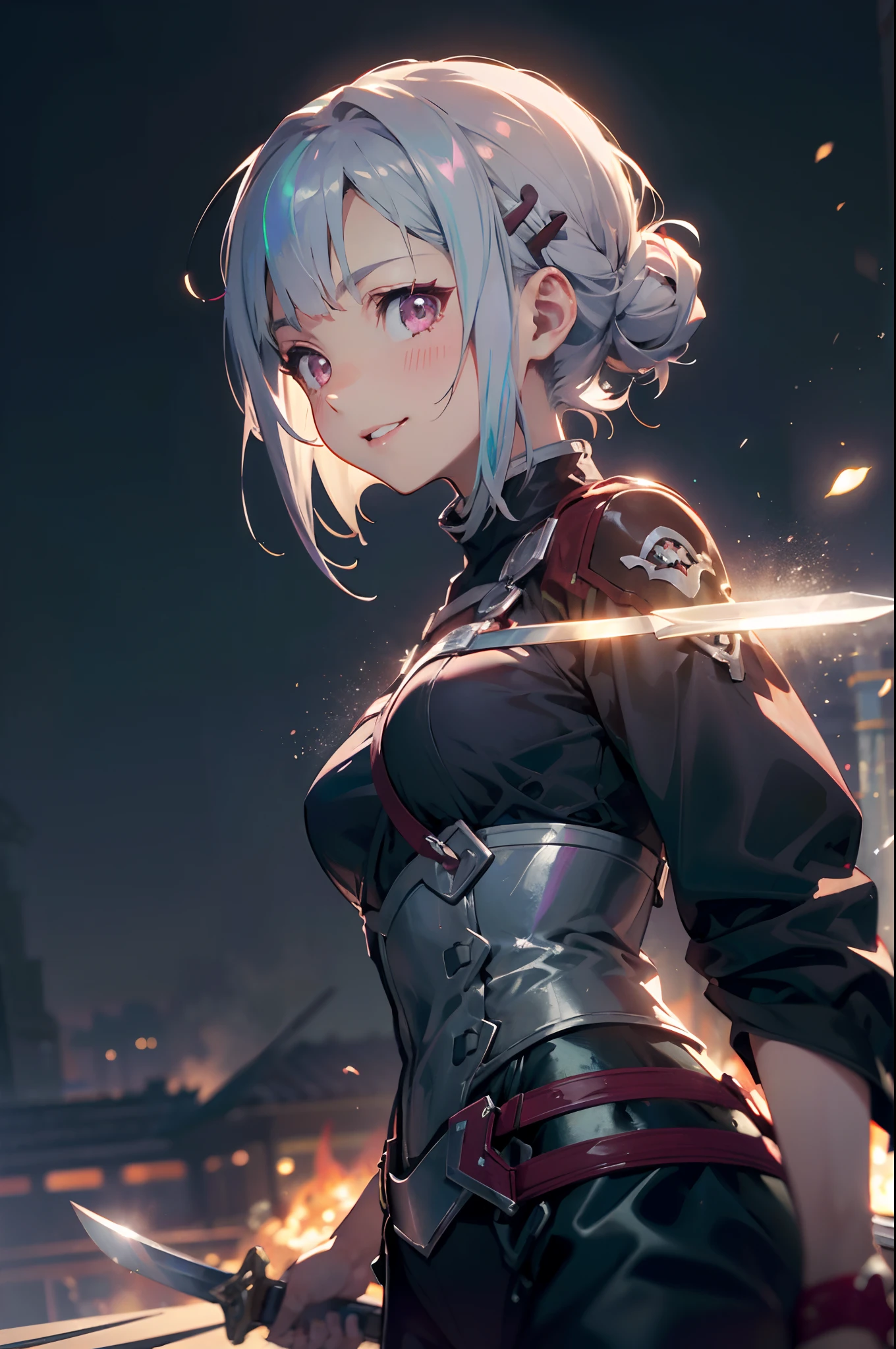 a 20 yo woman、Short hair with silver bob styled in a bun with hair clip, Pink eyes、small tits、Big smile、(hi-top fade:1.3)、dark themed、Muted Tones、Subdued Color、highly contrast、(natural skin textures、Hyper-Realism、Soft light、sharp)、With a longsword with two flames, White combat uniform, Sword Art Online Adaptation, Red strokes that simulate the speed of the character, Battle Mode, (Ultra-realistic), {extremely detailed 8k CG unit wallpaper}, Vast landscape photos, (A central view that prioritizes the entire character, (Wide Open Field View), (low angle shot), (Highlight: 1.5), (low illuminance: 1.0), (Warm light source: 1.0), intricate-detail, (Iridescent colors: 1.5), (Bright lighting), (Atmospheric lighting), Sword Art Online, Dreamy, Anime
