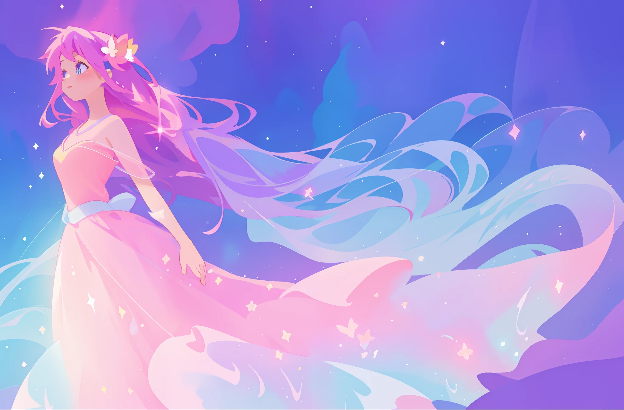 beautiful girl in colorful sparkling flowing ballgown, long flowing purple pink hair, colorful sparkling lights, flowing liquid theme, colorful fantasia background, watercolor illustration, disney art style, glowing aura around her, glowing lights, beautiful digital illustration, fantasia otherworldly landscape plants flowers, beautiful, masterpiece, best quality, anime disney style