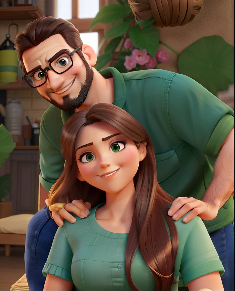 There is a woman, de cabelos longos, castanhos, olhos verdes, Smiling looking at the camera and a man behind her, de barba e oculos, Lightly crouched looking at the camera and with his hands placed on the woman's shoulder.