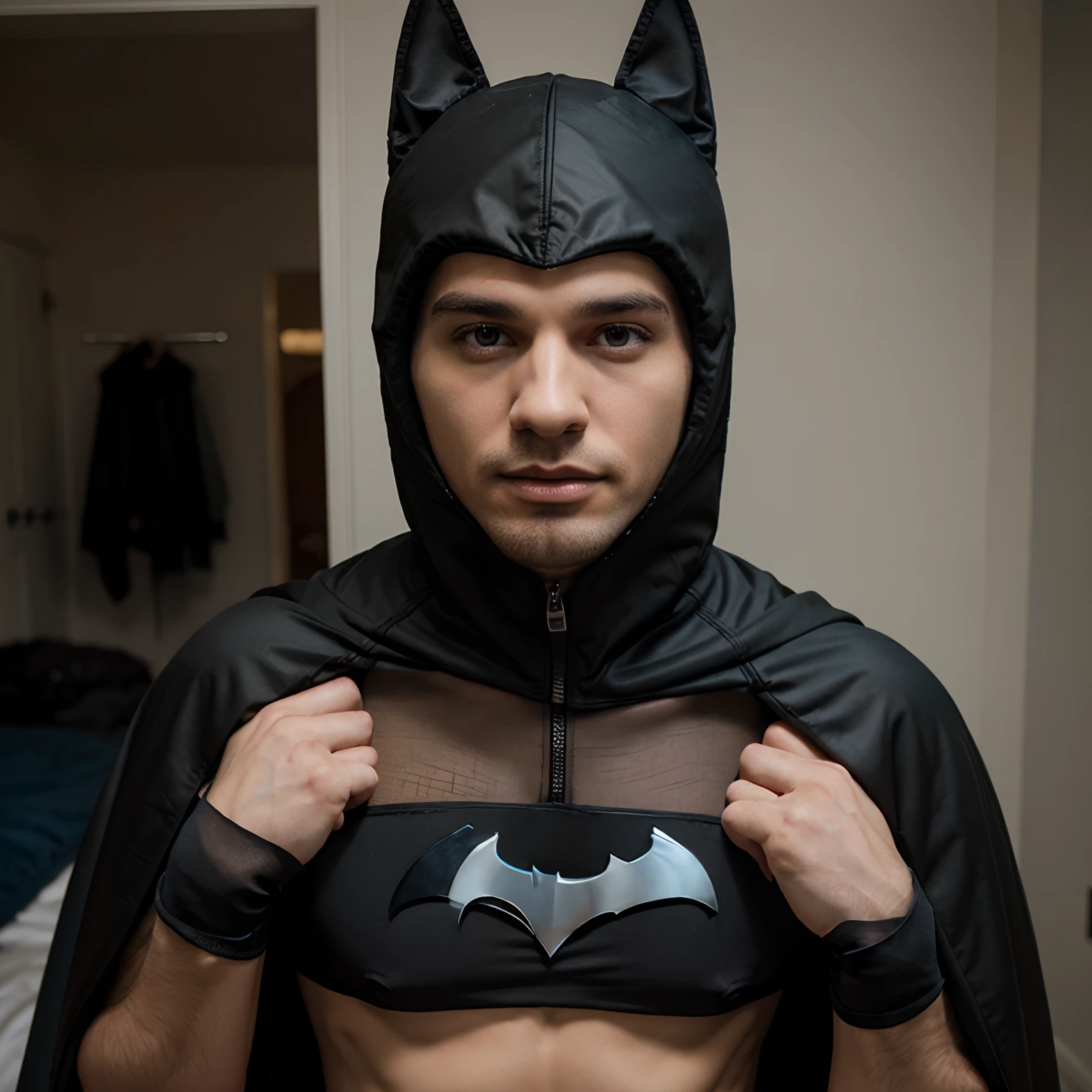 Human pup puppy play lingerie man model with a cape and fetish gear. Superhero Batman pup hood pup mask. Twink femboy character man.