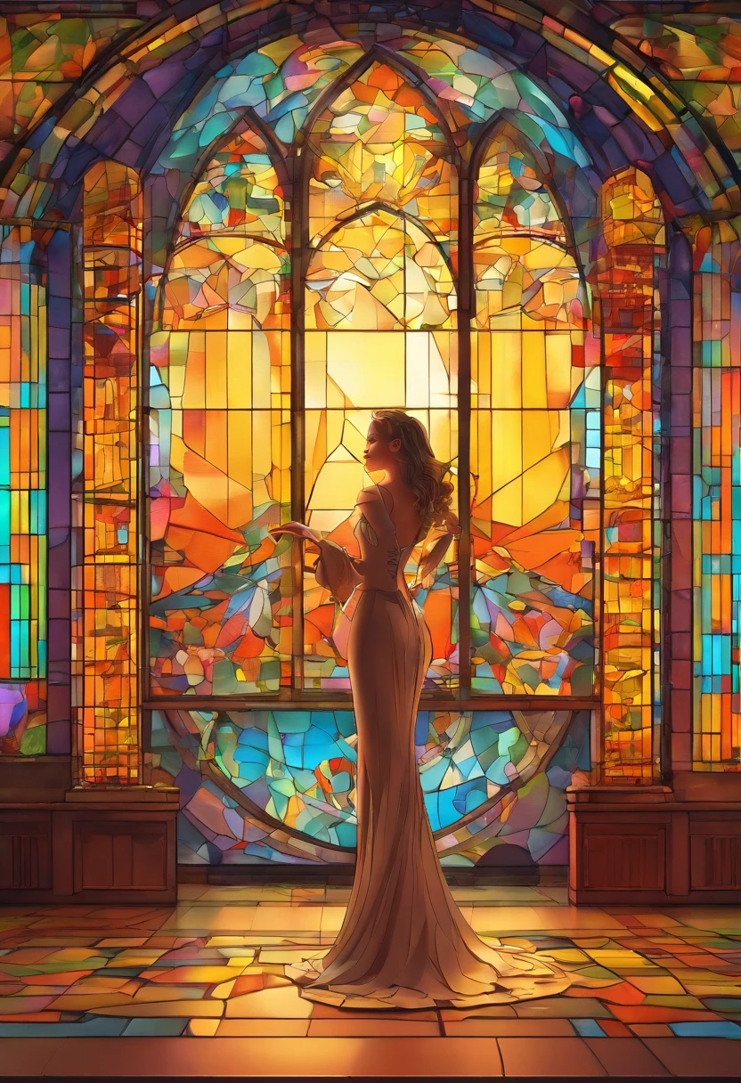 (master part, Qualidade Superior, best quality,Arte Oficial, Beautiful and Aesthetic:1.2),(1girl:1.3), 1girl BREAK art stained glass windows, vidro colorido, linhas de chumbo, BREAK light transmission vibrant colors, projetos intrincados, efeitos luminosos, ambiente espiritual