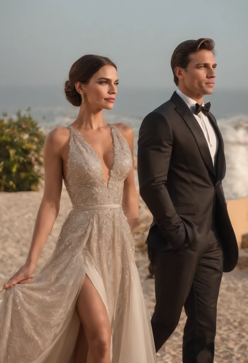 The cover features a solid dark-toned background, reminiscente da noite estrelada. No centro, em destaque, is a couple of stylized silhouettes. A figura feminina, com cabelos ao vento e vestindo um vestido elegante, Is standing next to the man, which is slightly inclined towards it. Ele usa um terno bem cortado, conveying an air of power and sophistication. They're both looking in the same direction, simbolizando uma jornada compartilhada. Acima do casal, em letras douradas e elegantes, The title of the book "Comprando o Amor" brilha, Adding a touch of glamour to the composition.