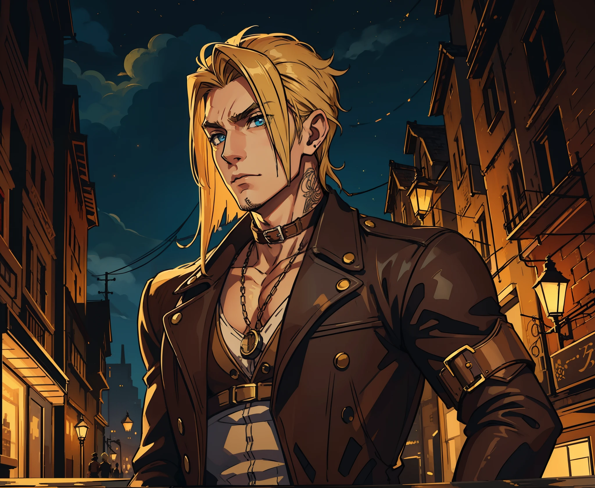 1 homem lindo com tattuagem Steampunk, Terry Bogard Style Blonde Hair Sharp Hair An art for an RPG A non-human night background of the city ((Very detailed strokes))