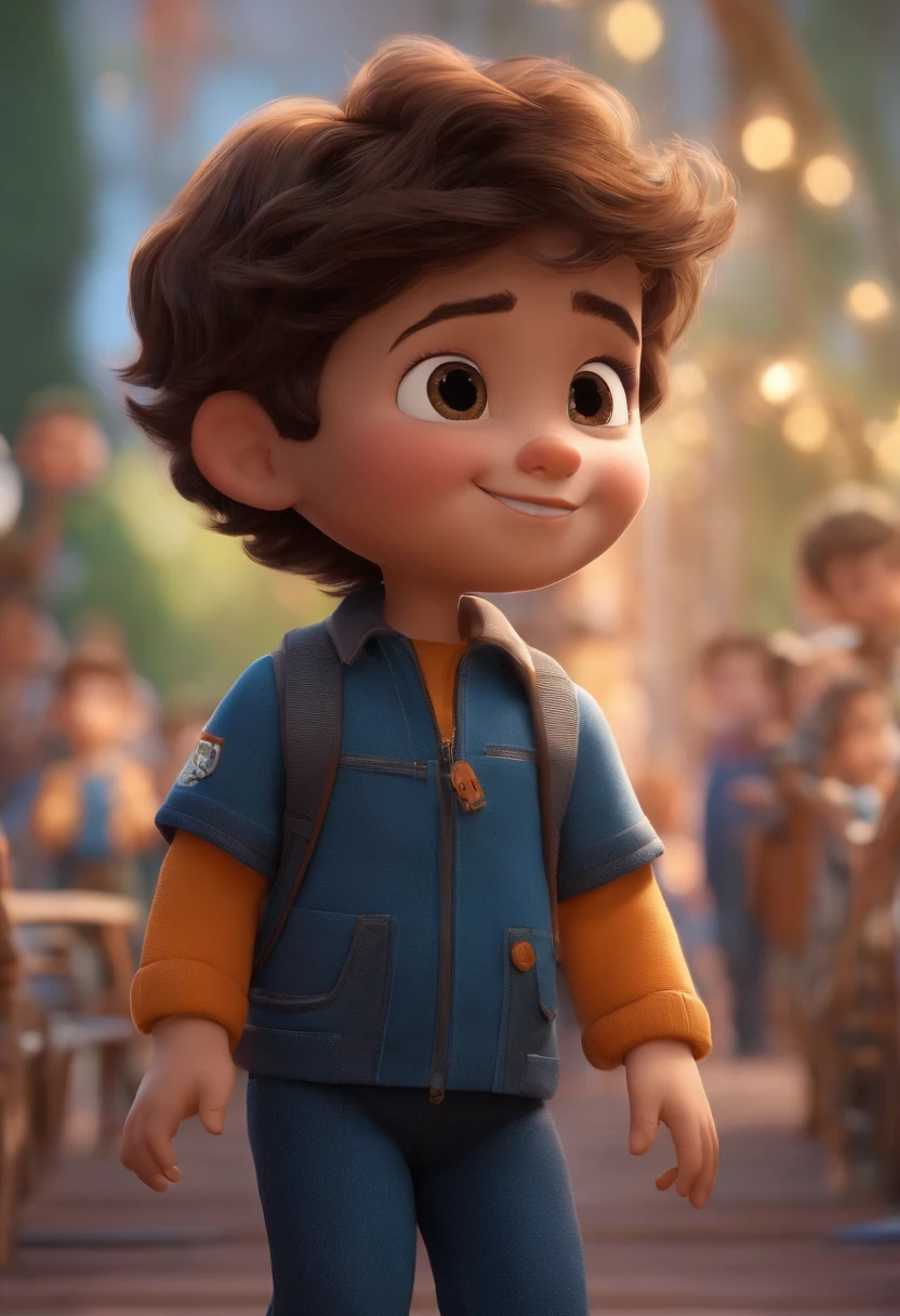 a happy cute kid standing short hair, vestindo uma fantasia espacial, , College Fund, barnet, Tom, Estilo Pixar, ....3d, desenhos animados, rosto detalhado, asymmetrical 16k