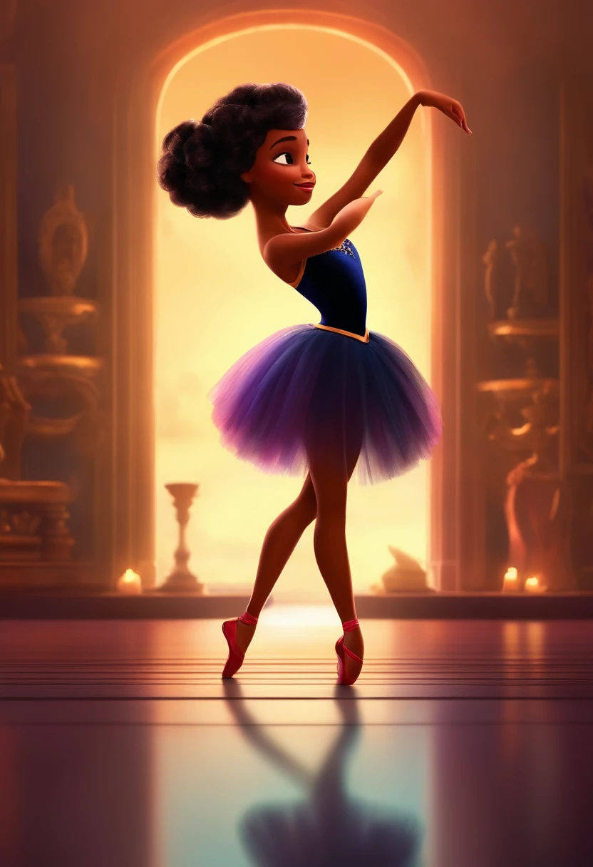 Um filme inspirado na Disney Pixar(BAILARINA COM CABELO LONGO CACHEADO PRETO) dentro A cena estar na arte distinta do estilo PIXAR, Dancing