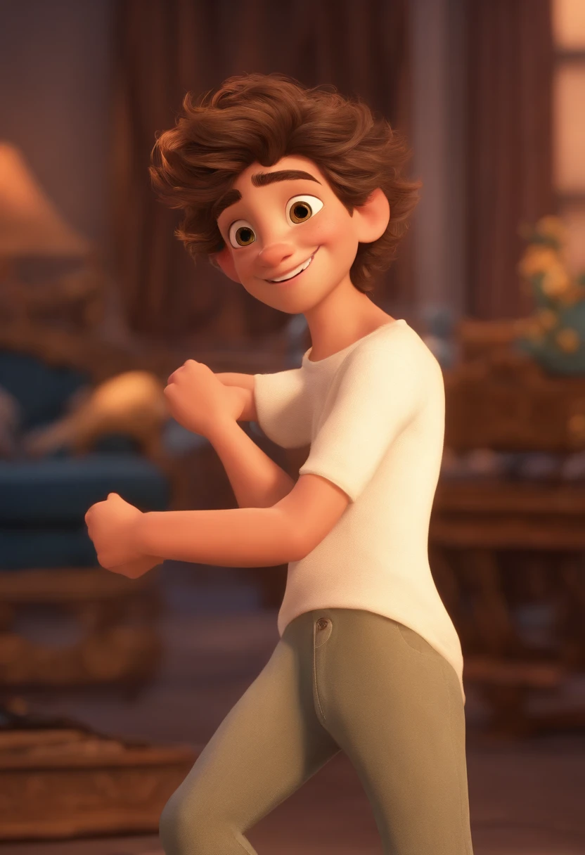(boy,23 anos,Branco, cabelo cacheado, olhos claros,sorridente,with your arms to your face,nariz fino,Estilo Disney Pixar,best quality,alta qualidade)
