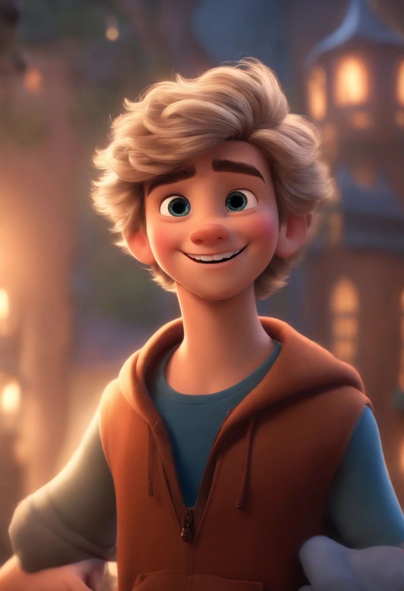 (boy,23 anos,Branco, cabelo cacheado, olhos claros,sorridente,with your arms to your face,nariz fino,Estilo Disney Pixar,best quality,alta qualidade)