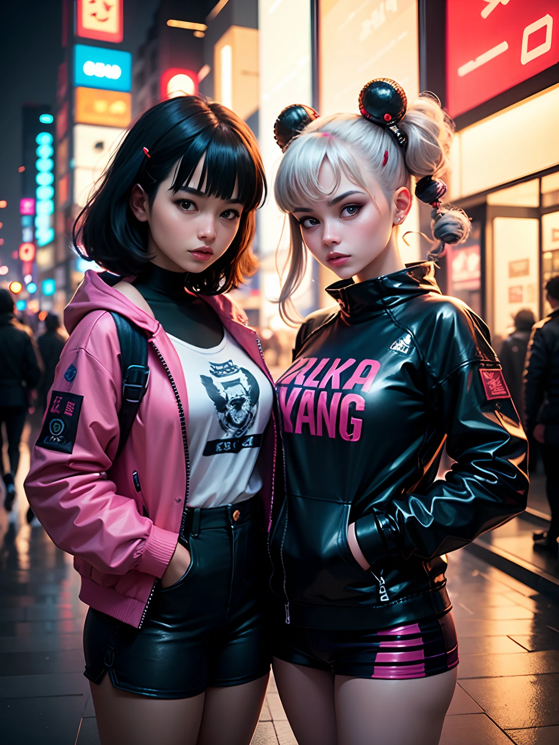 masterpiece, best quality, 2 cyberpunk girls standing together taking selfie portrait, ((((Harajuku-inspired cyberpunk clothing)))), bold colors and patterns, eye-catching accessories, trendy and innovative hairstyle))), dazzling Cyberpunk cityscape, skyscrapers, glowing neon signs, LED lights, anime illustration, detailed skin texture, detailed cloth texture, beautiful detailed face, intricate details, ultra detailed, cinematic lighting, strong contrast.